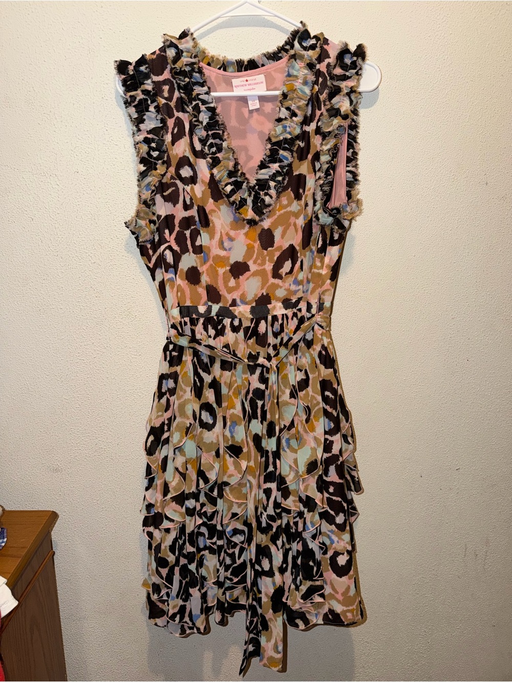 Matthew Williamson Pink and Black Ruffle V-Neck Midi Dress